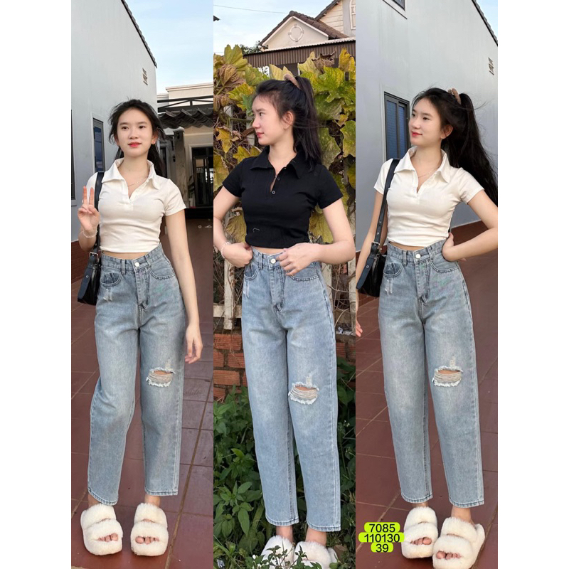 KCS⭐ Set Baggy Jeans rách mảng 1 bên + croptop petter trơn🔉