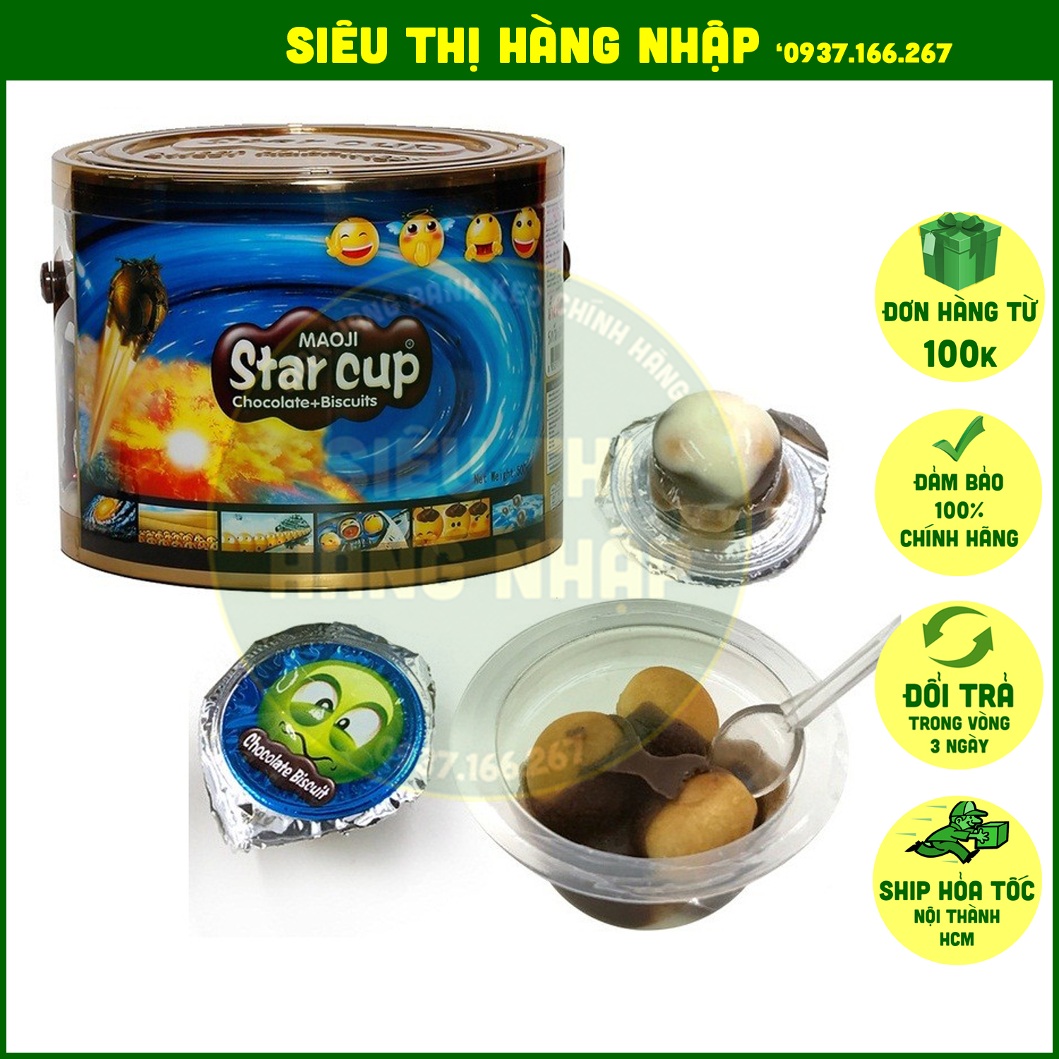 Hộp 100 cốc bánh chấm socola Star Cup Thái Lan 1Kg, bánh chocolate