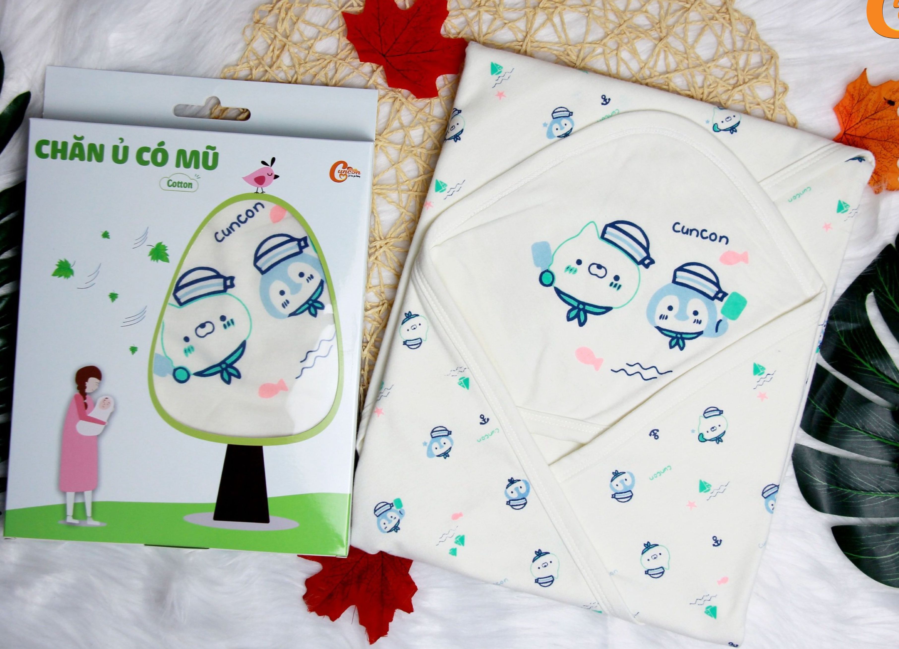 (KT 75x78cm) KHĂN Ủ CHOÀNG SƠ SINH CÓ NÓN CHO BÉ - HIỆU CÚN CON