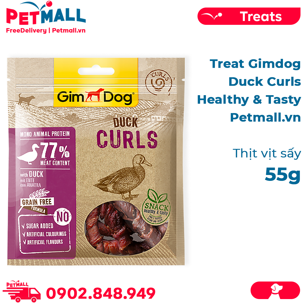 Treats GimDog Duck Curls Healthy & Tasty 55g - Thịt vịt sấy Petmall thumbnail
