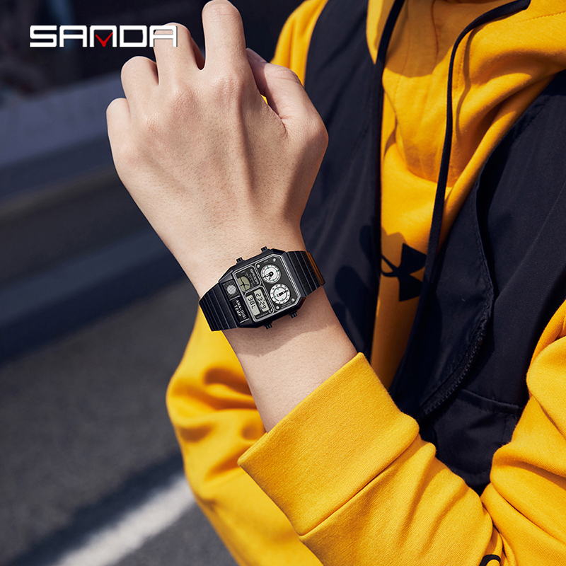 Sanda Retro Trendy Punk Dual Display Luminous Waterproof Electronic Quartz Men's Watch SD3192-3.