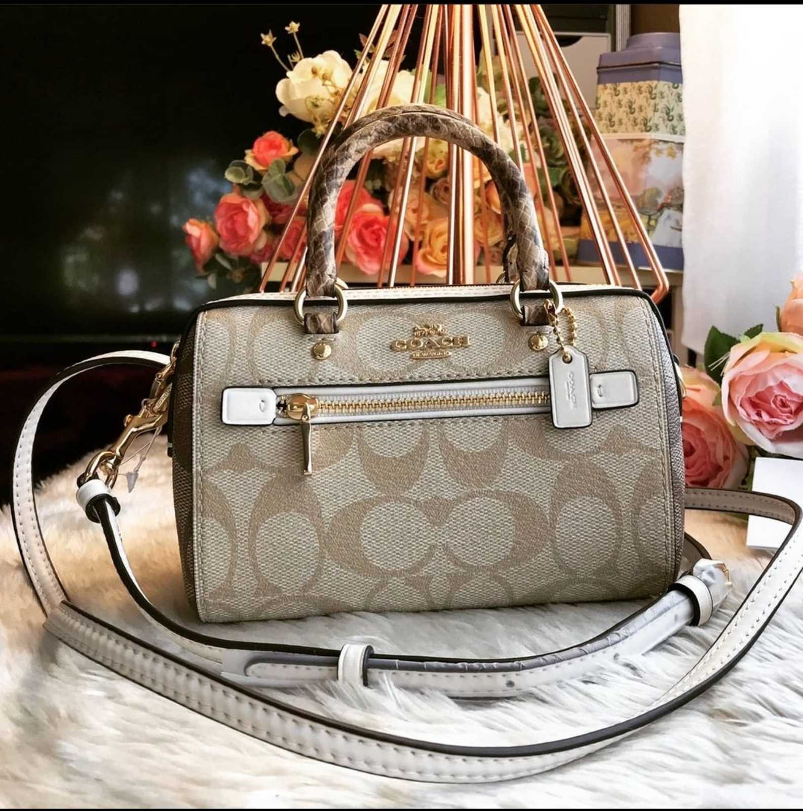 Coach 2300 Micro Rowan Crossbody in Khaki / Light Khaki Signature Coated  Canvas Chalk Smooth Leather and Snake-embossed Leather - Women's Bag