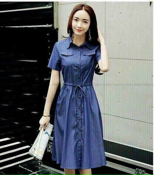 ĐẦM JEAN XÒE EO RÚT DÂY CỔ SƠ MI
