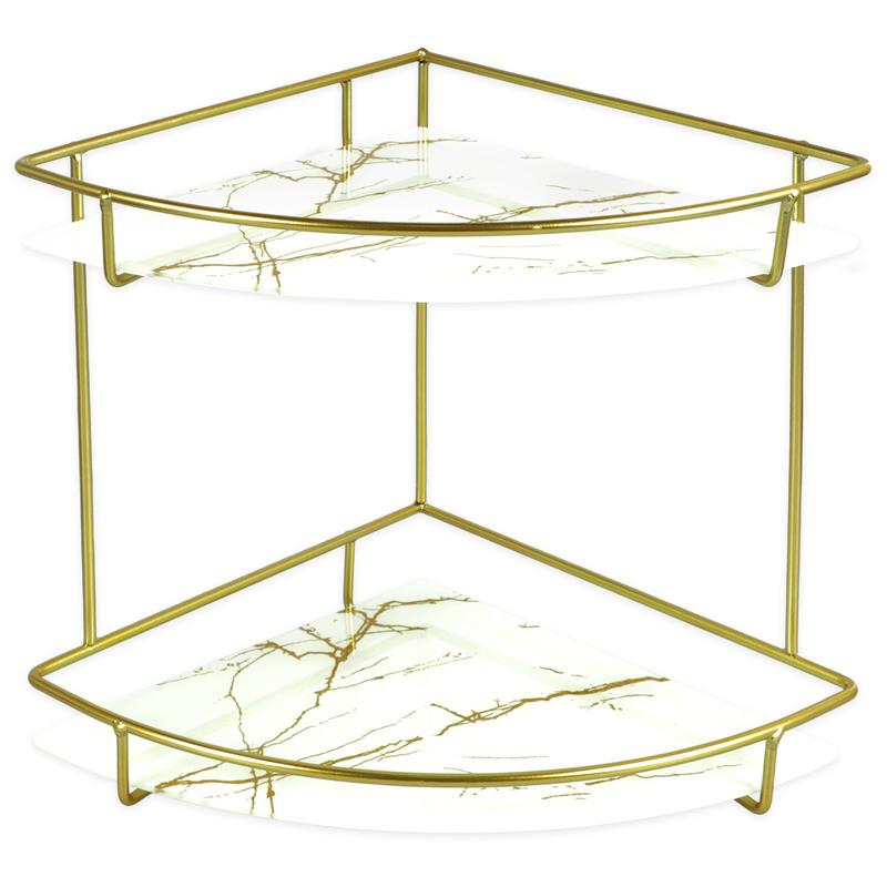 Triangular Metal Counter Corner Shelf 2 Tier Corner Bathroom Counter Organizer Metal Counter Corner Shelf with Marbled Glass Tray Vanity Organizer 2 Tier Corner Bathroom Counter Organizer Space Saving Corner Skincare Organizers