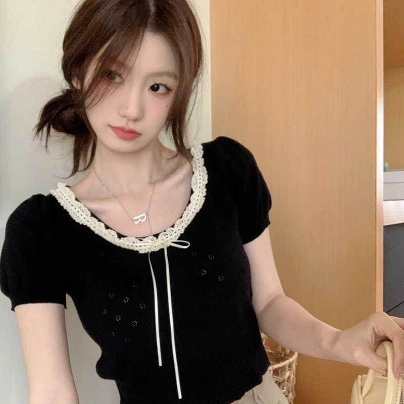 HengShanYuan High-waisted lace short-sleeved hollow bow T-shirt, sweet and slim-fitting bottoming shirt with short top underneath