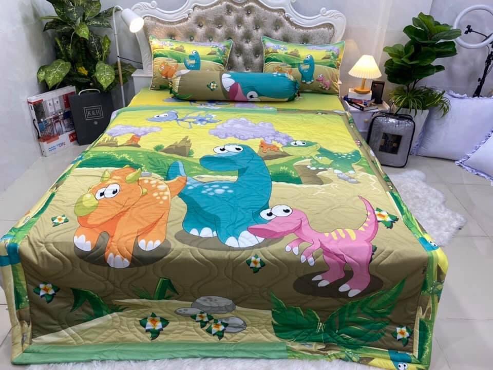 BỘ DRAP GA THUN Ý 5D MẪU KHỦNG LONG CHẤT MÁT LẠNH 4 MÓN