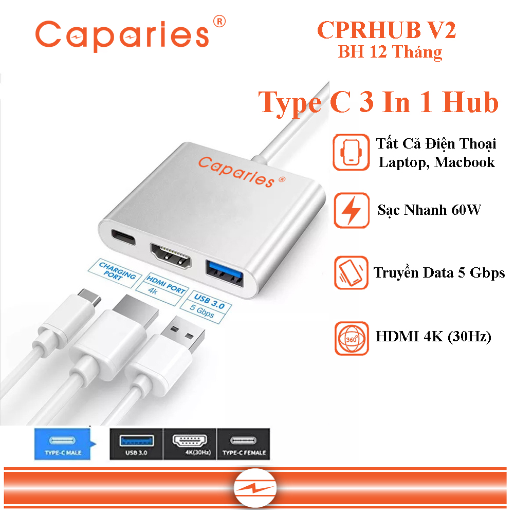 Cáp Chuyển Đổi CAPARIES CPRHUB V2 4K Type-C Sang HDMI HD, Bộ Chuyển Đổi USB 3.1, Bộ Chuyển Đổi Sạc USB C Sang USB 3.0 HDMI Type C Cho MacBook Huawei thumbnail