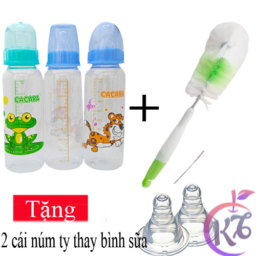 Combo Bộ 3 bình sữa nhựa cổ thường 250ml Cacara Tặng cọ rửa bình sữa và 2 núm ty thay thế - bình sữa cổ hẹp an toàn cho bé