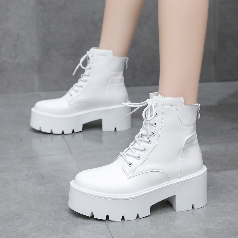 RENBEN Medium leather boots women's new soft-soled Martin boots Korean version lace-up thick-soled Martin boots women's