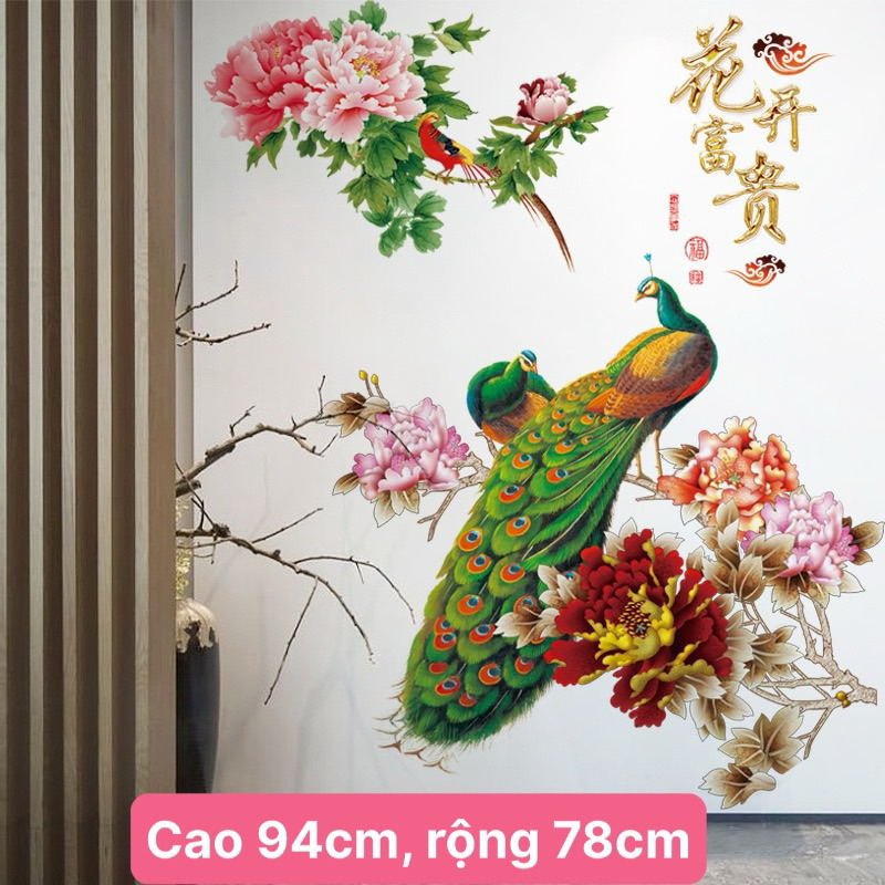 Decal dán tường chim công và hoa 01