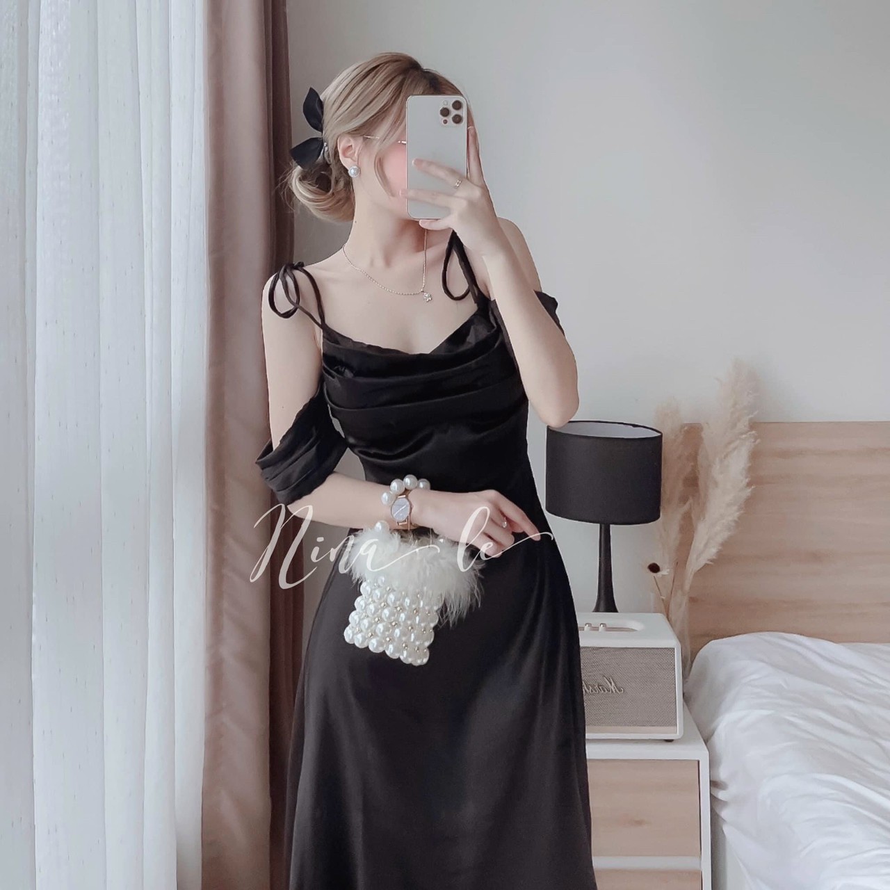 Đầm 2 dây  - chất liệu phi lụa có mút - thiết kế kèm tay trễ vai  xinh