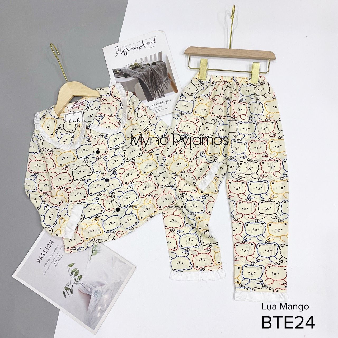 Bộ trẻ em tay dài, chất lụa Mango, ảnh chụp thật - MYNA PYJAMAS