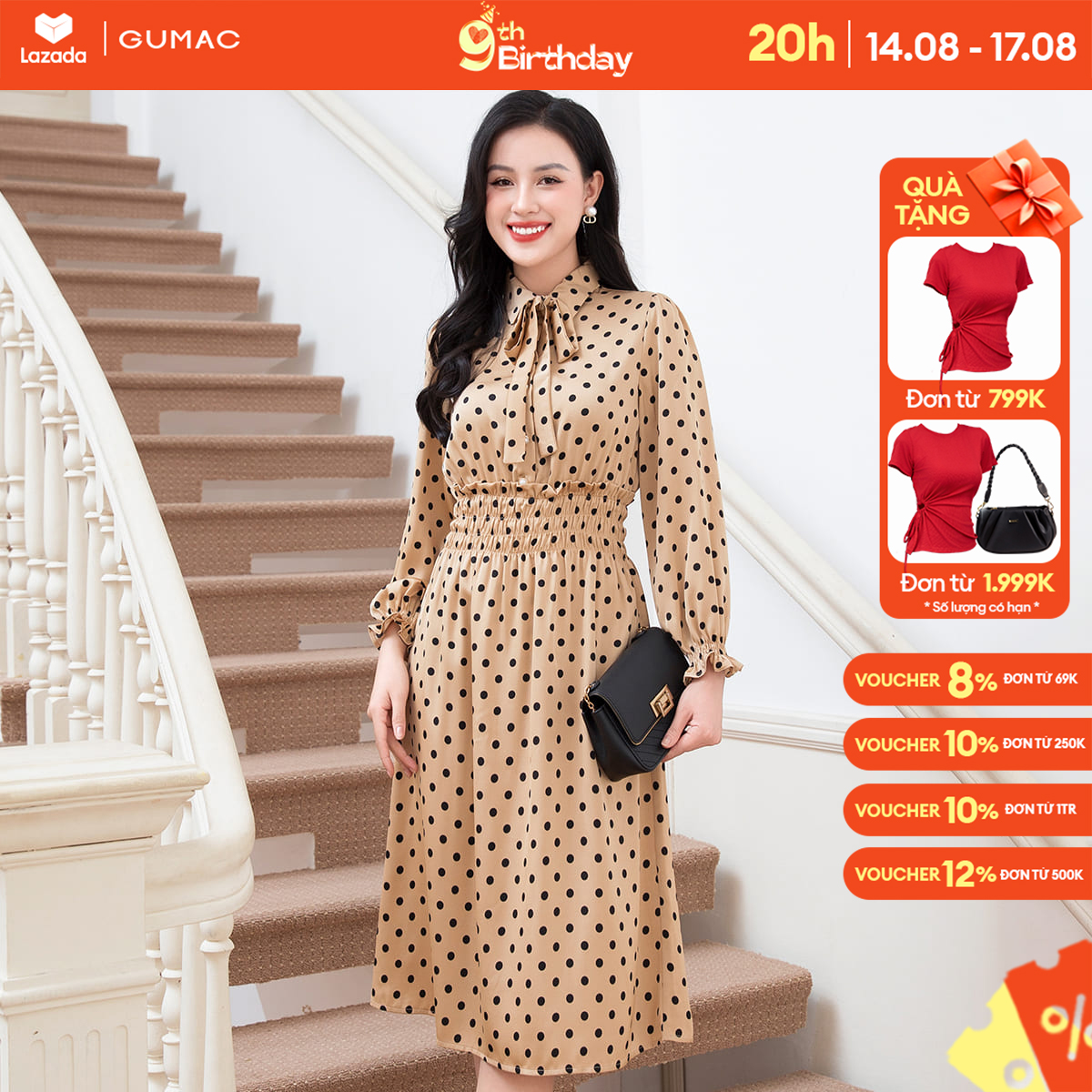 Đầm dáng a nữ chấm bi gumac dd10001 phối bo chun cổ và eo