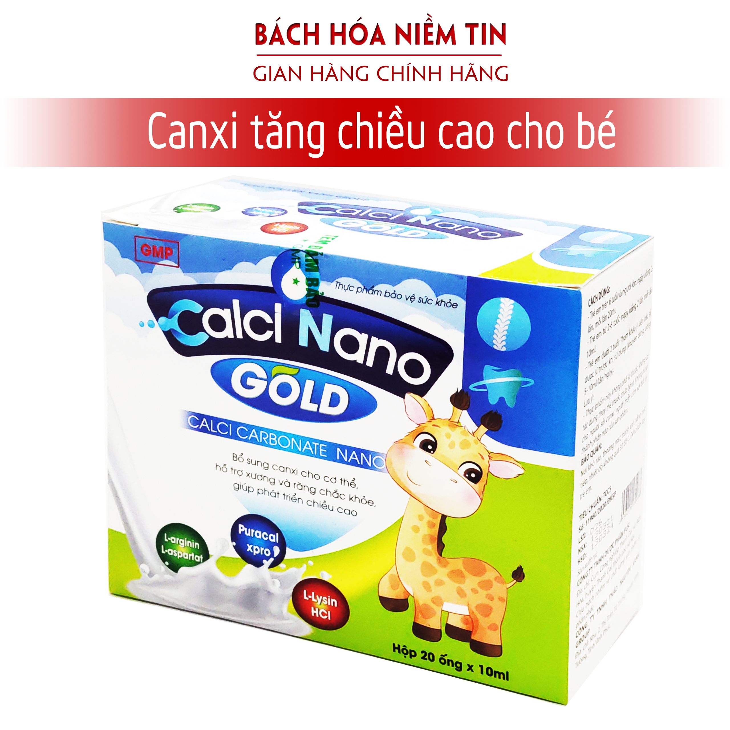 Siro tăng chiều cao Calci Nano Gold - bổ sung canxi, taurin, vitamin giúp phát triển xương, giảm còi xương cho trẻ từ 2 tuổi - Hộp 20 ống chuẩn GMP