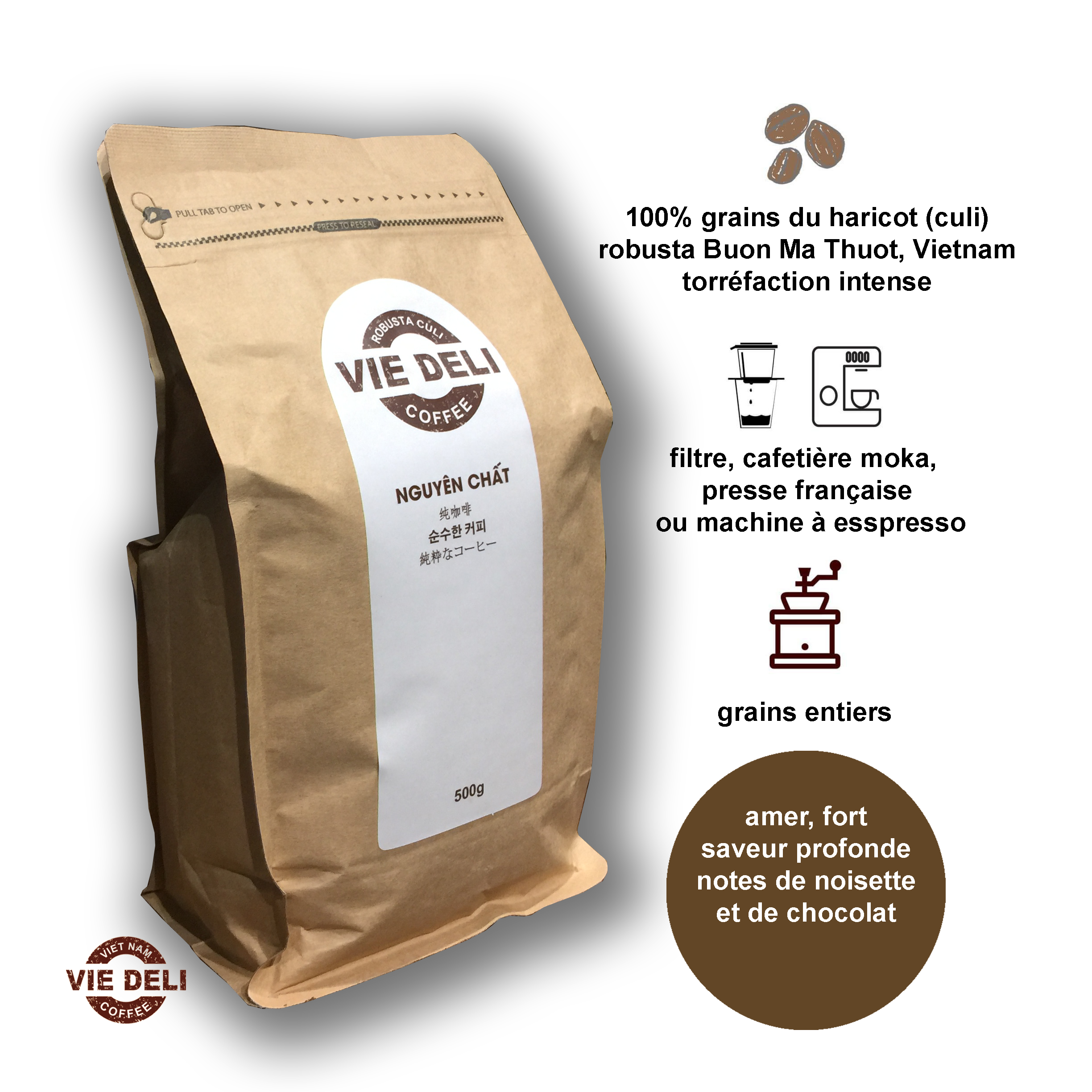 Cà phê hạt Robusta Culi Viedeli, túi 500g
