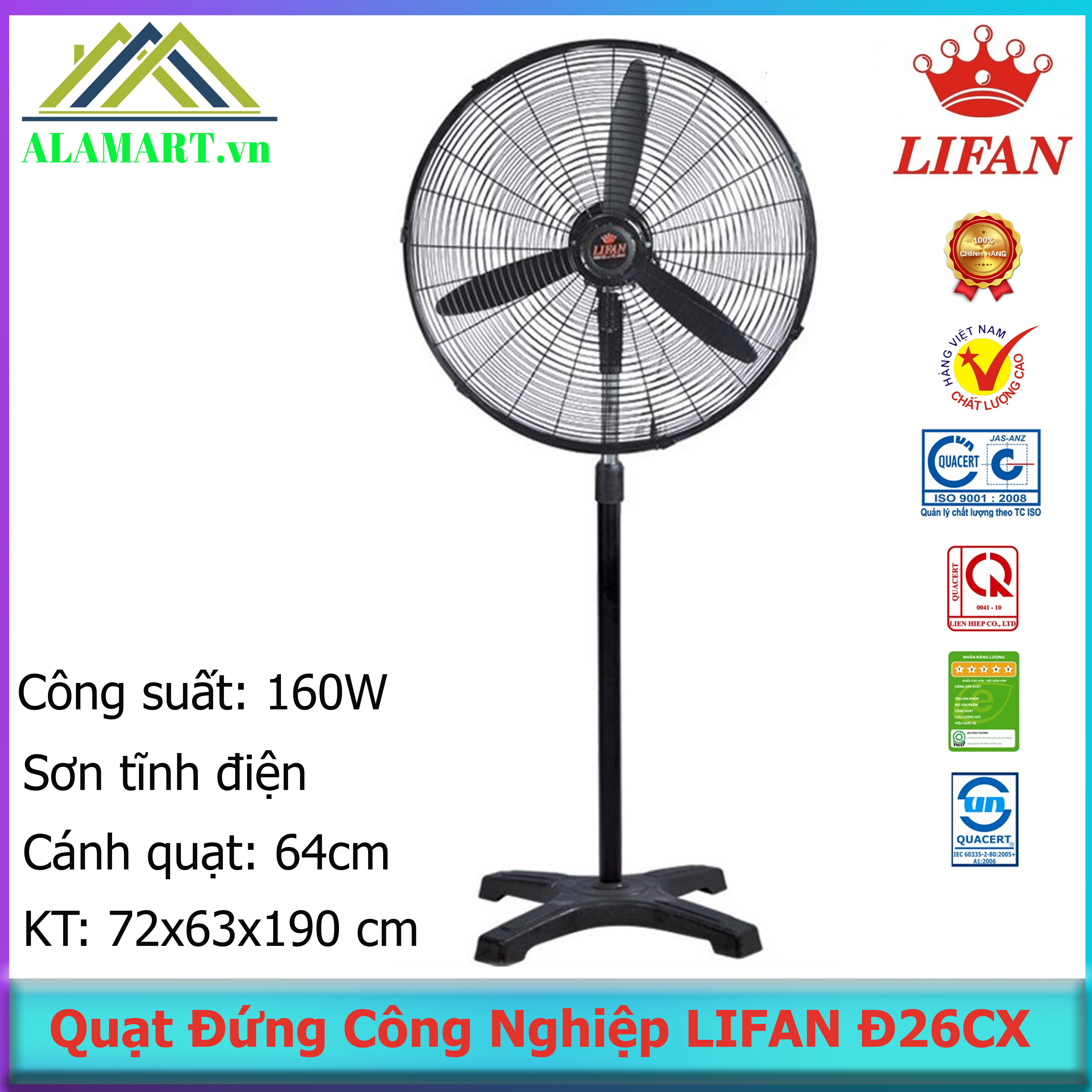 Quạt đứng công nghiệp LIFAN Đ-26CX 160W, cánh 64cm sử dụng nhà xưởng quán ăn cà phê