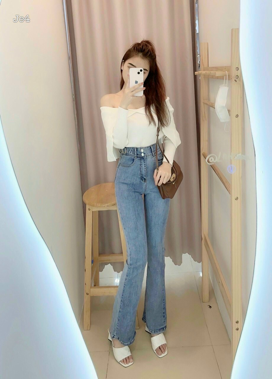 [HCM]Quần jean ống loe nữ form dài 97cm-100cm xẻ tà đính hạt cườm, khoen đai vải jean co dãn thoải mái mẫu mới Chuyên Sỉ Jean Quang Vinh jm12