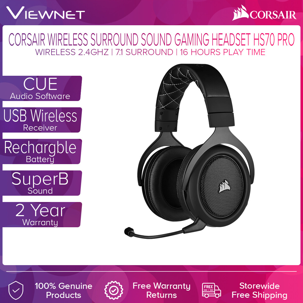 Corsair Wireless USB Surround Sound Gaming Headset HS70 PRO with 7.1 Surround Sound, 2.4 16 Hour Play Time, CUE Software, USB Wireless Receiver, SuperB Sound, For Comfort | Lazada