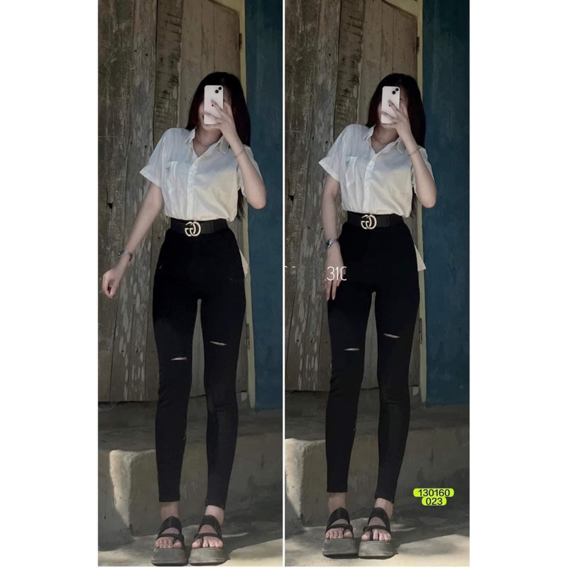 Jeans dài lưng cao co giãn rách PT 2024