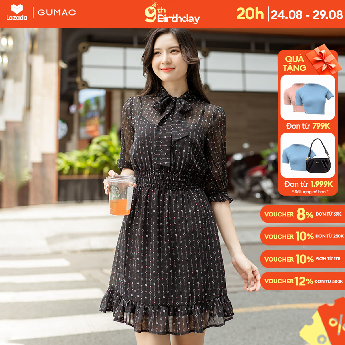 Đầm bèo smocking eo thắt nơ cổ gumac dd05069