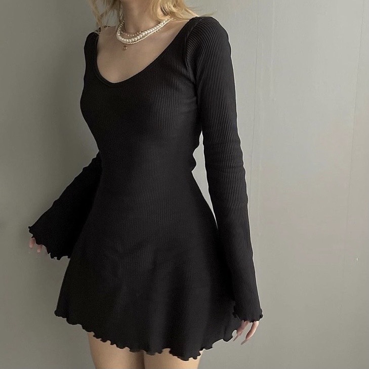 Đầm nữ dáng xoè tay dài viền bèo - tharo clothing