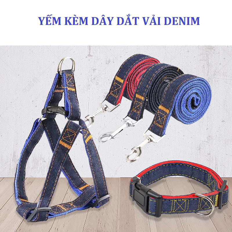 [FREESHIP] Yếm Kèm Dây Dắt Chó Đi Dạo Vải Denim Siêu Chắc