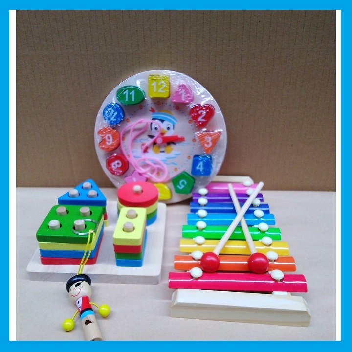 Combo 4 món phát triển trí tuệ cho bé (đồng hồ gỗ, đàn gỗ, còi gỗ, trụ gỗ thả hình học)