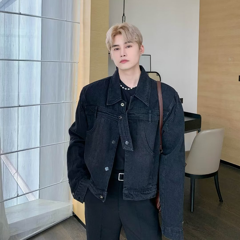 Hanlu Men's fashionable denim jacket lapel jacket handsome motorcycle jacket