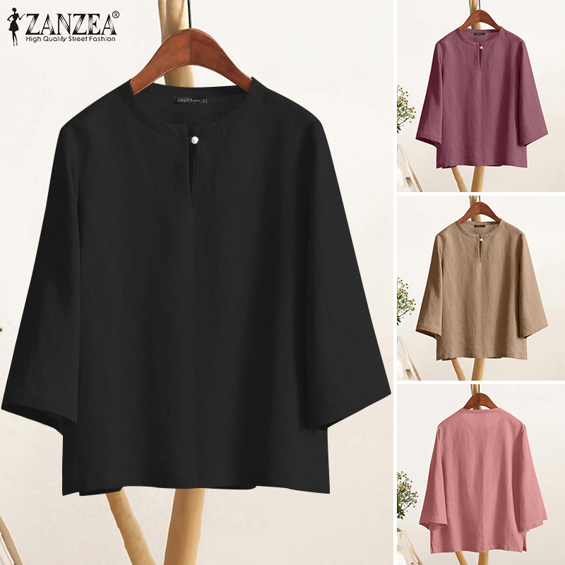 ZANZEA%20Women%20Casual%20Crew%20Neck%20Solid%20Color%20Tops%20Three%20Quarter%20Sleeve%20Shirt%20Solid%20Bohemian%20Blouses%20-%20Image%207