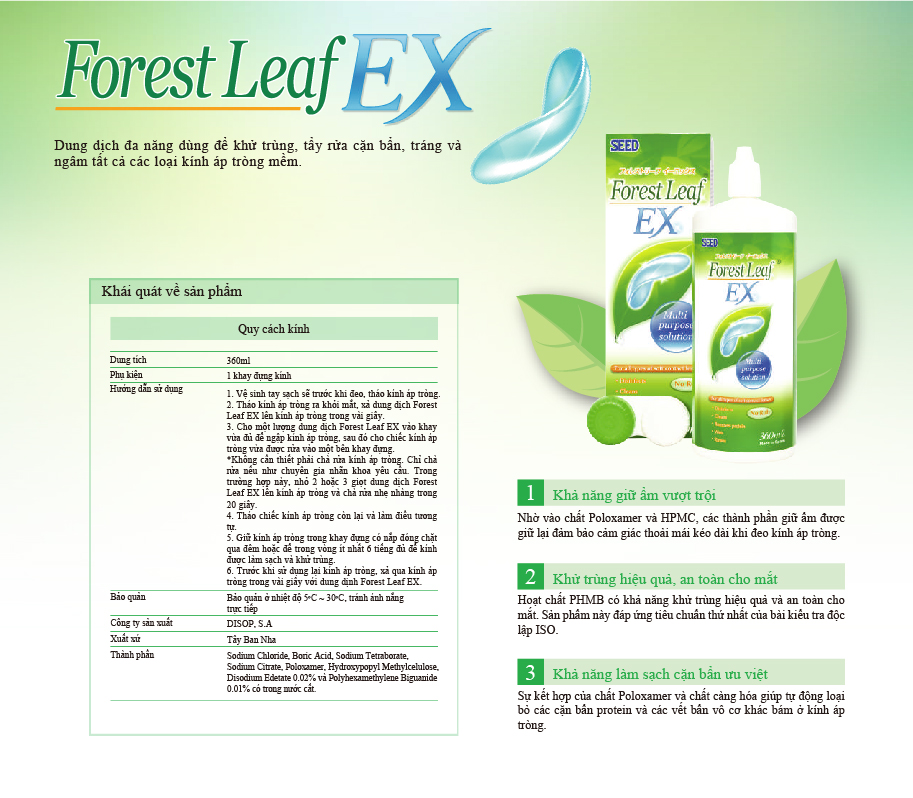 Nước ngâm lens SEED Forest leaf EX - 360ml (Dung dịch rửa kính áp tròng mềm)