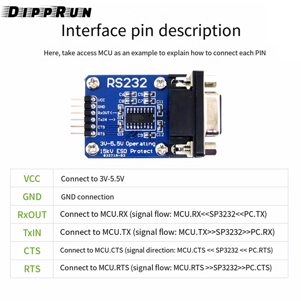 DIPPRUN TTL to RS232 Module TTL RS232 Male Female Mutual Conversion Module Serial Level Conversion to SP232 TTL Serial Port ESD Protect