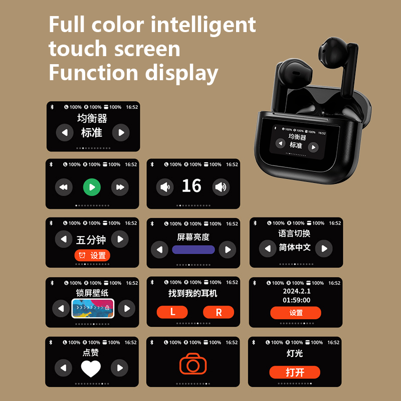 YX28 Bluetooth 5.4 Wireless Earphones LCD Color Screen ENC Active Noise Cancelling TWS Sports Earbuds 16 National Languages. 