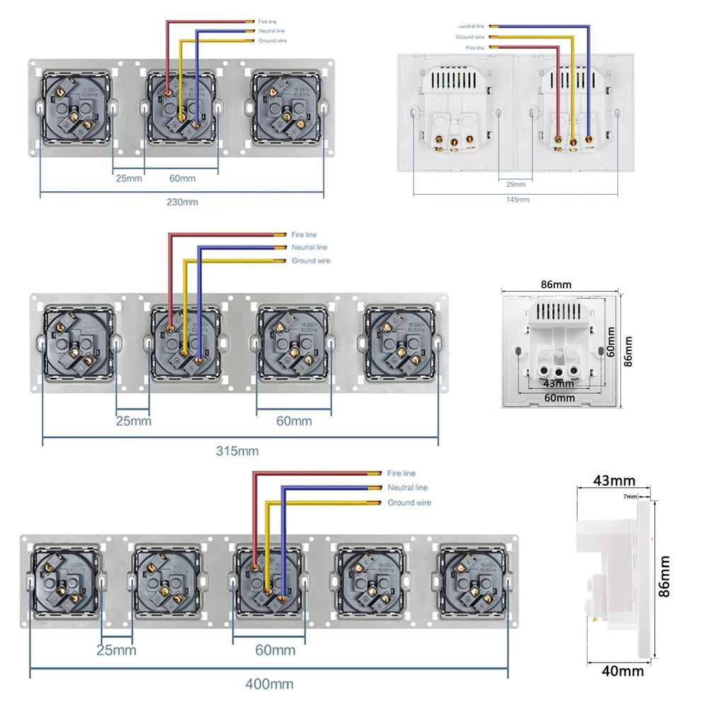 orfvqu98 Wall mounted power supply 2/3/4/5-way EU plug socket 220V 16A crystal glass panel multi jack USB charging