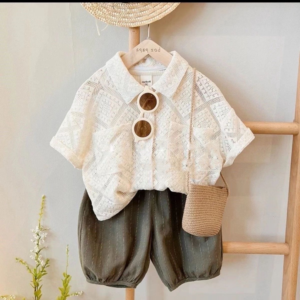 Hàng mới về bộ áo sơ mi ngắn tay + quần short dáng rộng thời trang hàn quốc 2023 cho bé trai