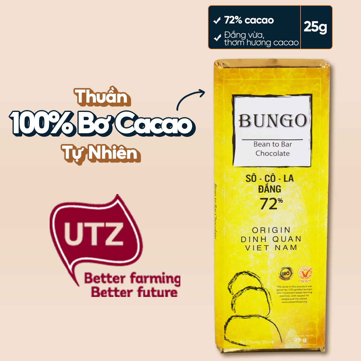 Chocolate đen Bungo 72% Việt Nam - Origin Đồng Nai Thanh 25g 100g