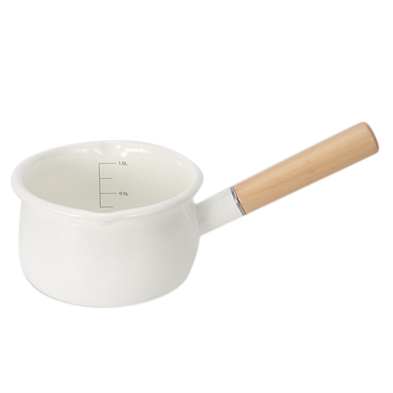 Enamel Milk Pot Wooden Handle Gas Stove Induction Cooker Baby Breakfast