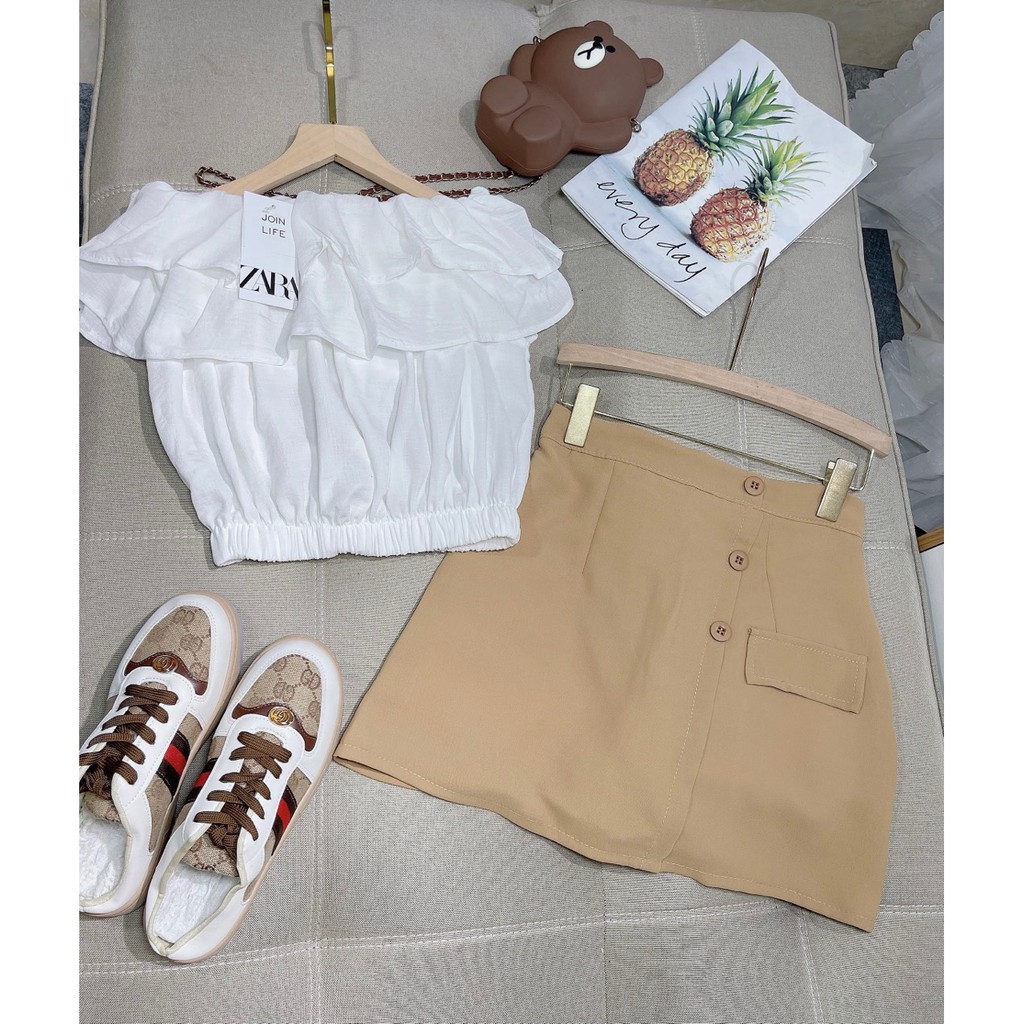 Áo croptop trễ vai 2 tầng cộc tay bồng bánh bèo áo trắng trần năng động