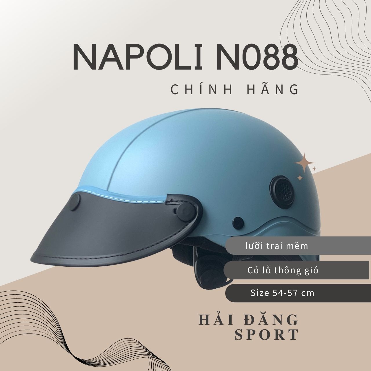 Mũ Bảo Hiểm 1/2 Đầu Napoli N088 New lớp đệm lót và lỗ thông gió (FreeSize 54-57cm) - Bảo Hành 12 Tháng