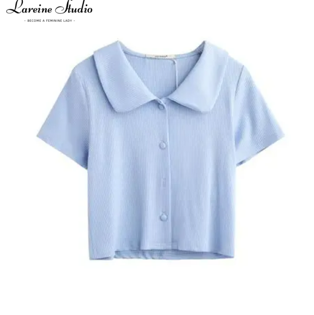 LAREINE Áo Thun Nữ Phong Cách Hàn Quốc Áo Polo Cổ Chữ V Dáng Ôm Áo Thun Ngắn Tay