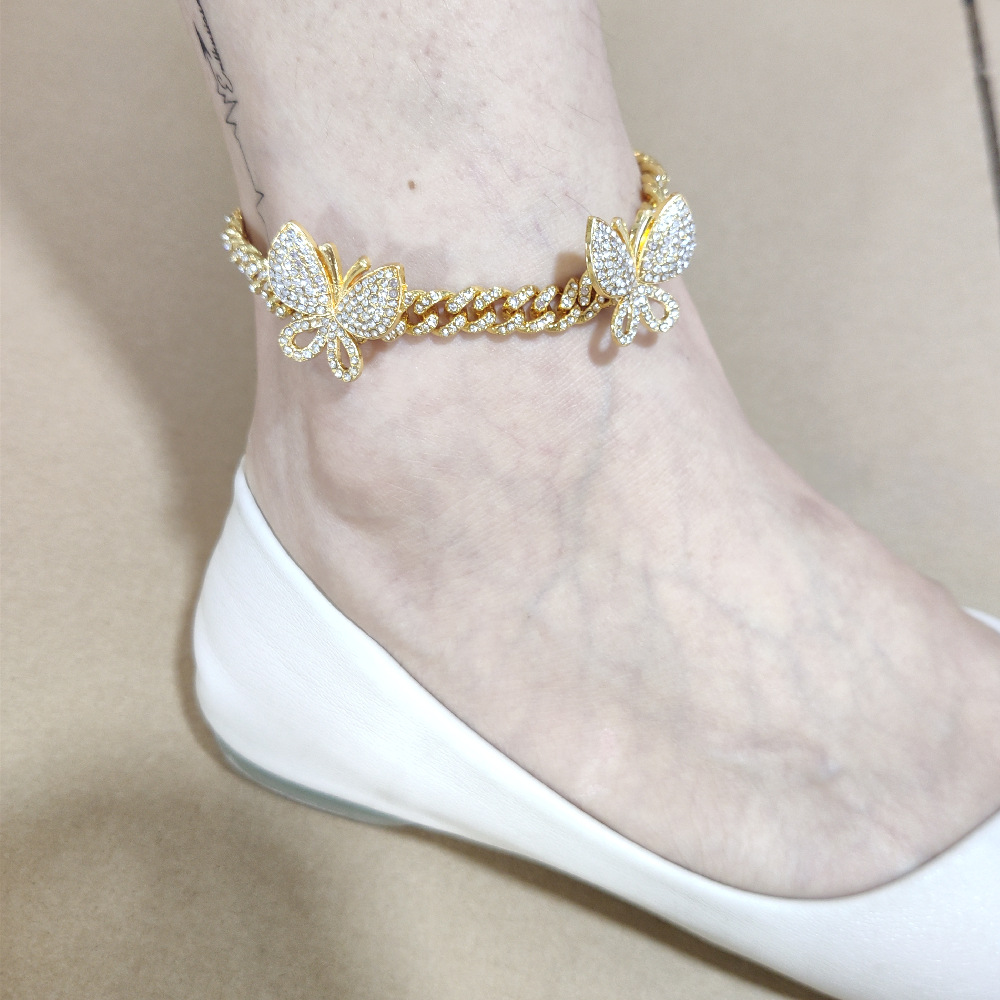 Iced Out Chain CZ Pink Gold Butterfly Anklet Bracelet Hip Hop