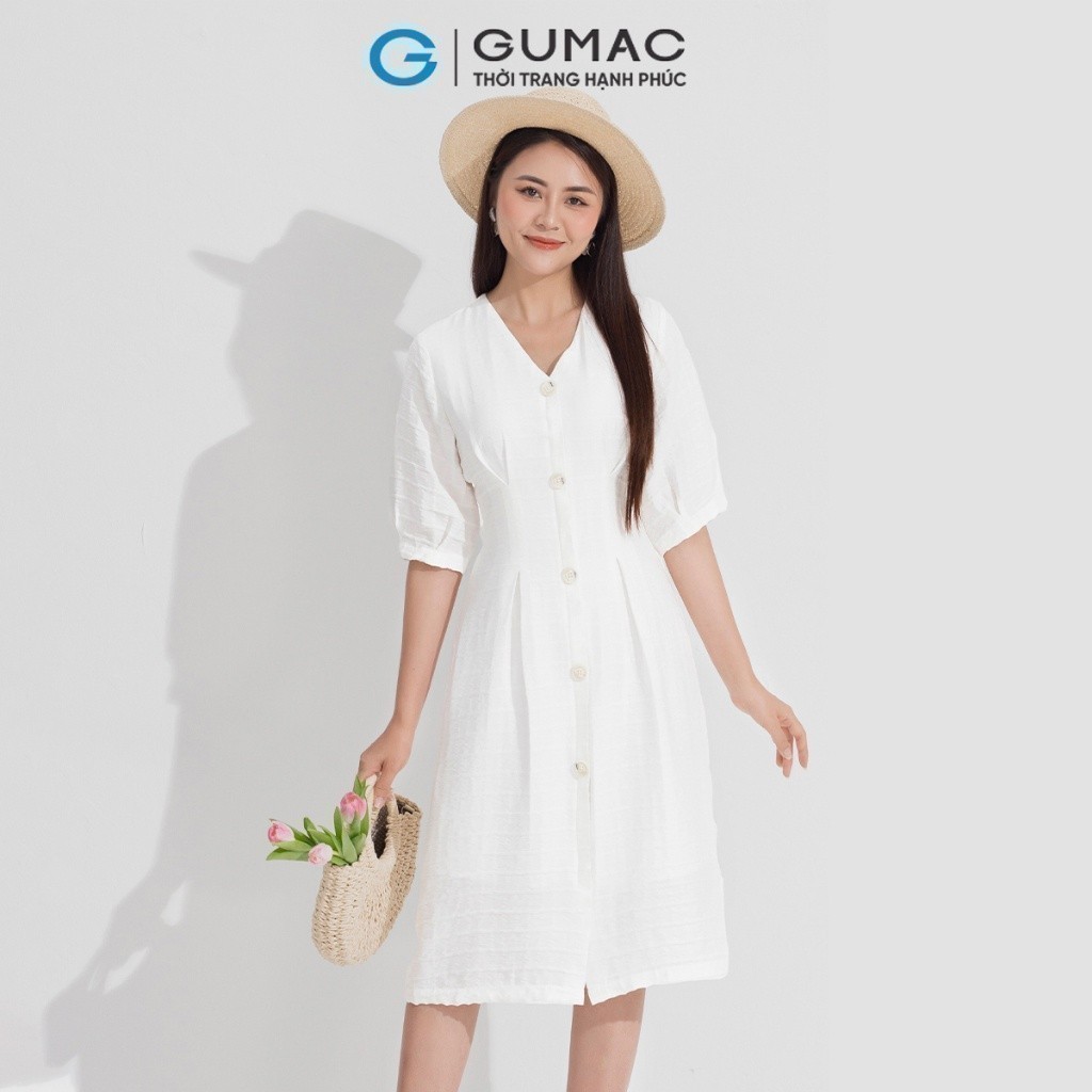 Đầm nữ cổ v phối nút GUMAC DD05056