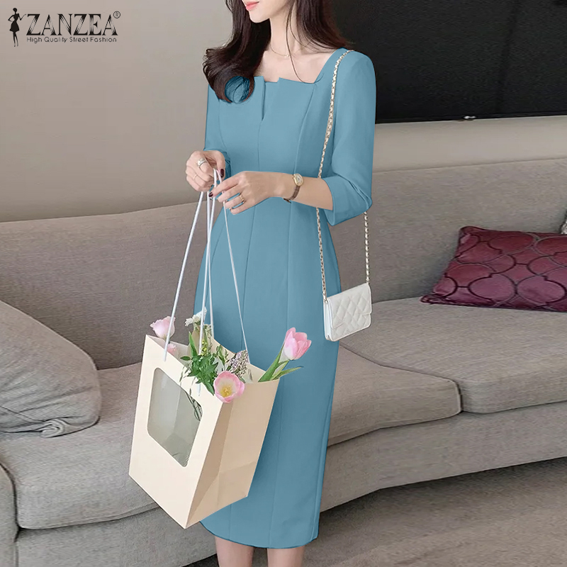 ZANZEA%20Korean%20Style%20Women's%20Dresses%20Elegant%20V-Neck%203/4%20Sleeve%20Plain%20Party%20Prom%20Midi%20Sundress%20-%20Image%202
