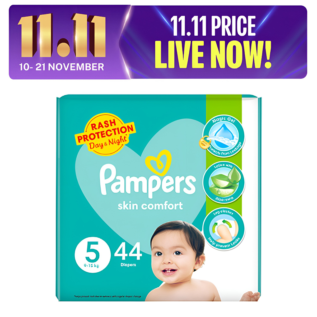 Pampers Taped Baby Diapers (Size 5 Junior, 44 Pcs). 