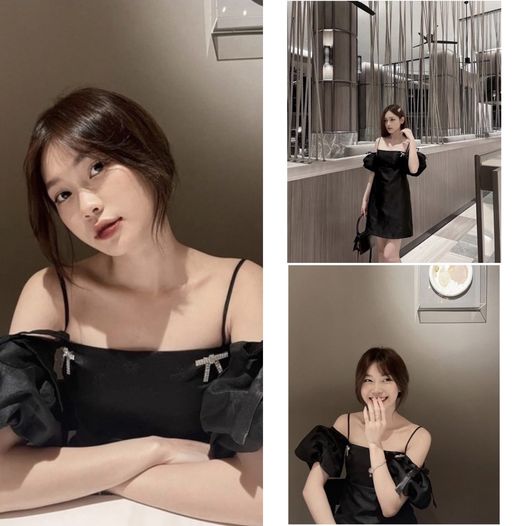 Đầm đen hai dây tay phồng trễ vai đính nơ đá