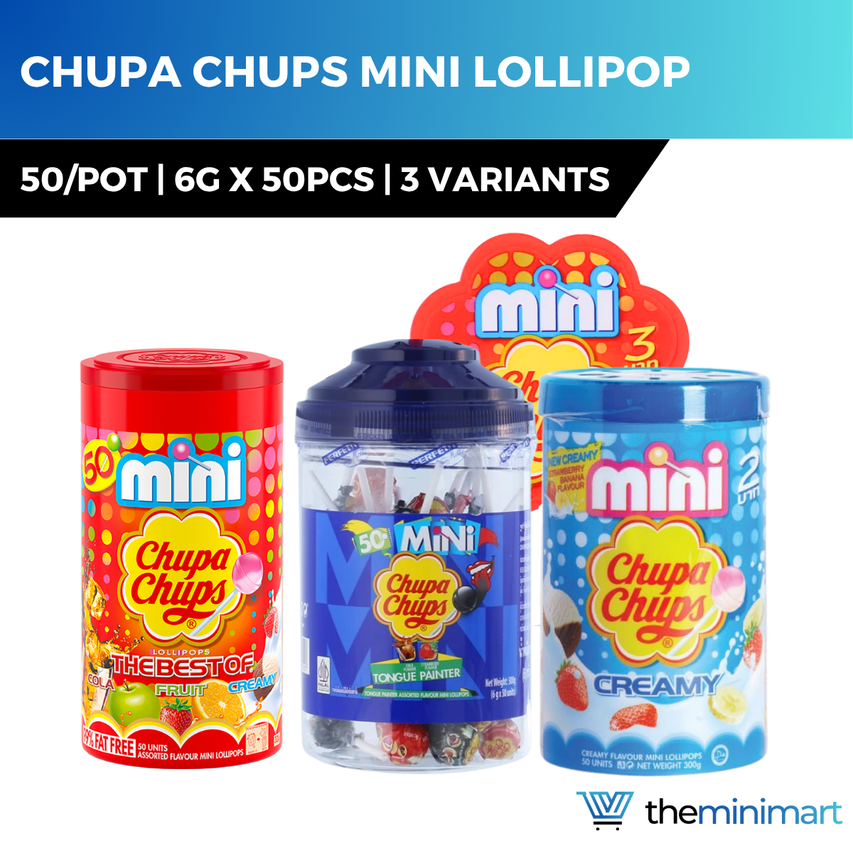 Chupa Chups Mini Lollipops 2-Flavor Variety – Cola & Fruit Creamy, 50pcs Box, Thailand
