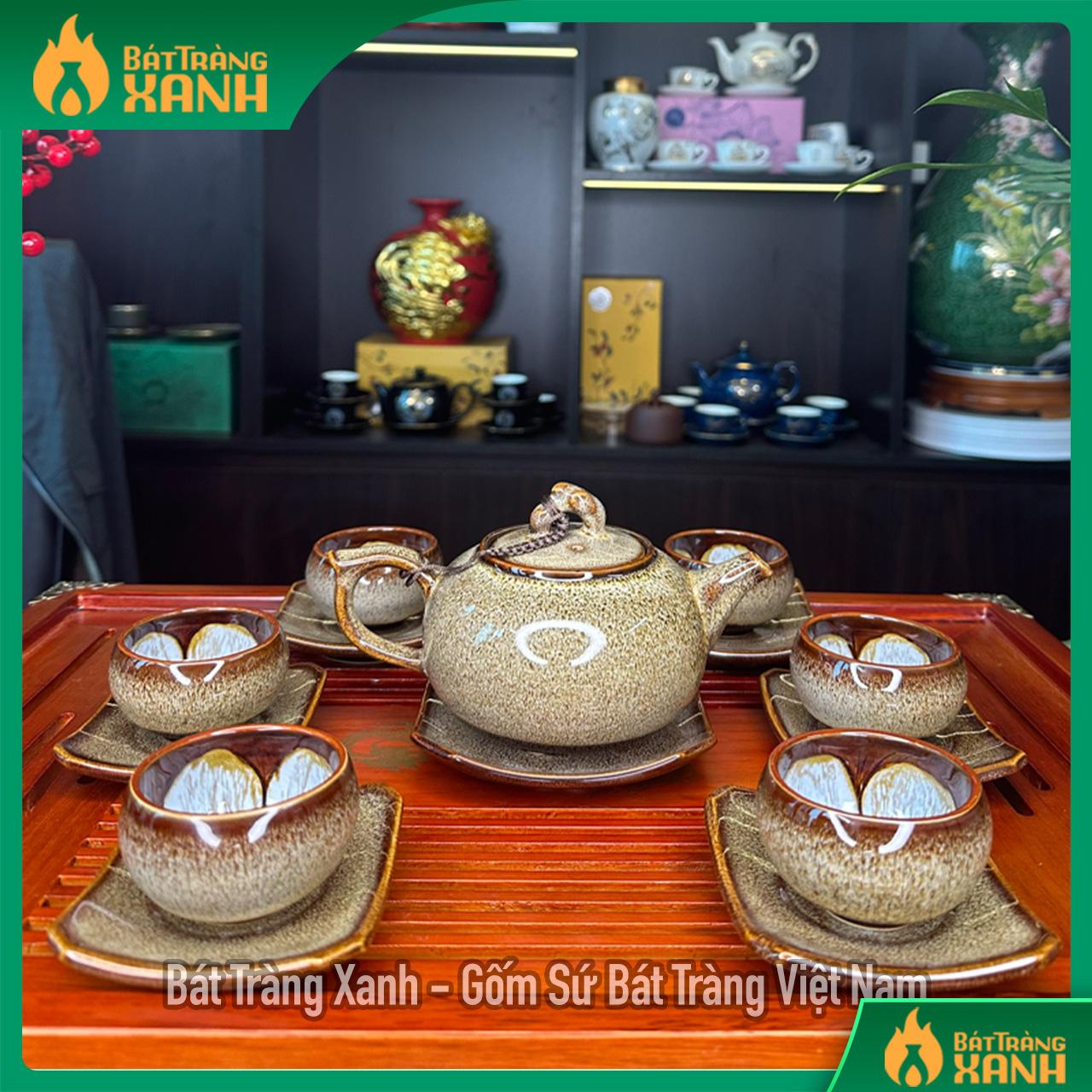 Bộ Ấm Chén Quả Hồng Cà Phê- Bộ Ấm Trà Men Hoả Biến Bát Tràng Cao Cấp