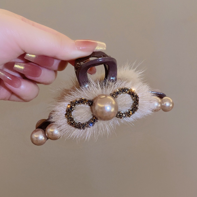 Korean Diamond Bow Plush Pearl Hairpin High Quality Claw Clip Hair Accessories Female