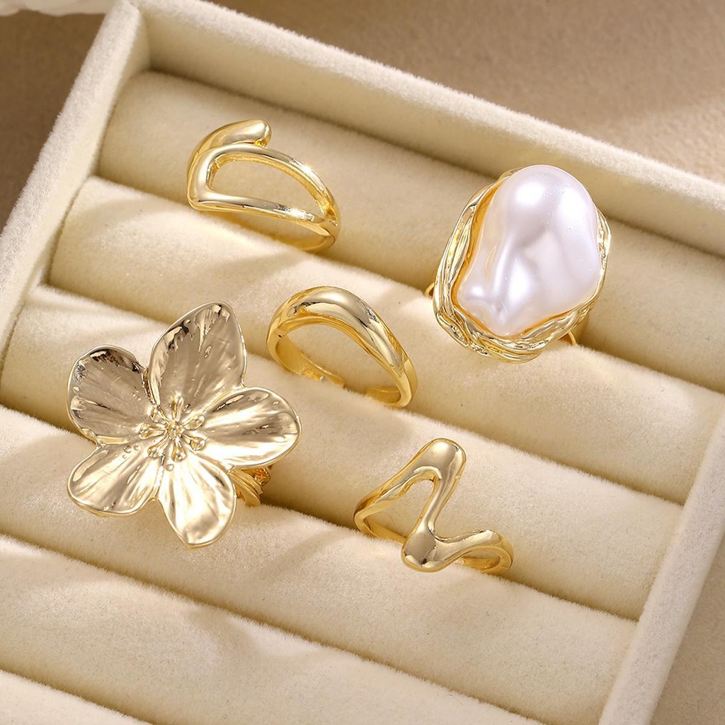Enacolor%205Pcs/Set%20Women%20Retro%20Flower%20Ring%20Set%20Gold%20Metal%20Pearl%20Joint%20Open%20Rings%20Adjust%20Jewelry%20Accessories%20Gifts%20-%20Image%203