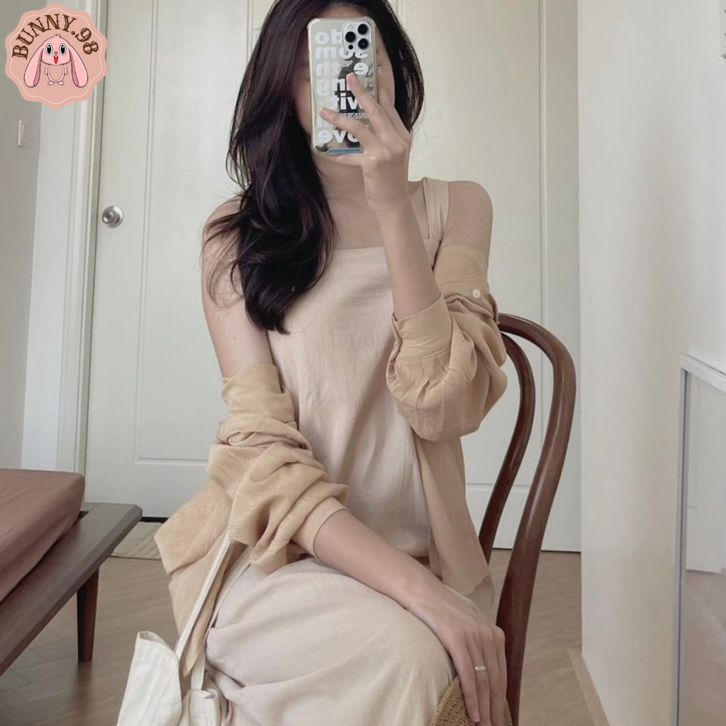 sét váy 2 dây thô đũi kèm sơ mi chất tơ nhăn