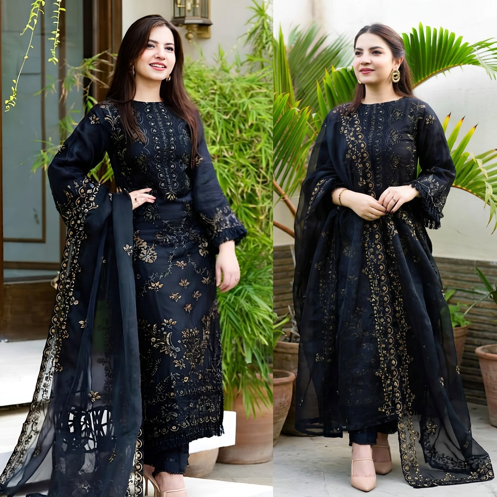 3Pc Embroidered Unstitched Chiffon Suit For Women All Season Crinkle Chiffon Fabric Party Wear Formal Style Multiple Color